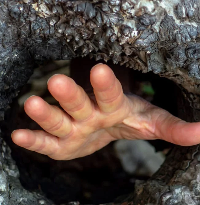 Eine Hand strekct sich hilfegrufend aus dem Loch einer Höhle.
